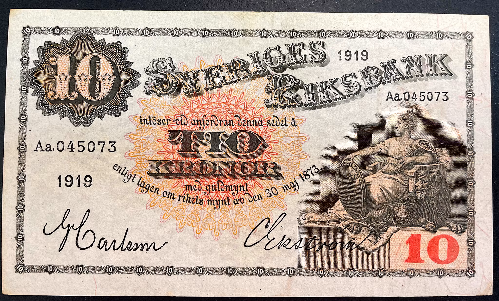 Gustav V - Vacker 10 kronorsedel 1919