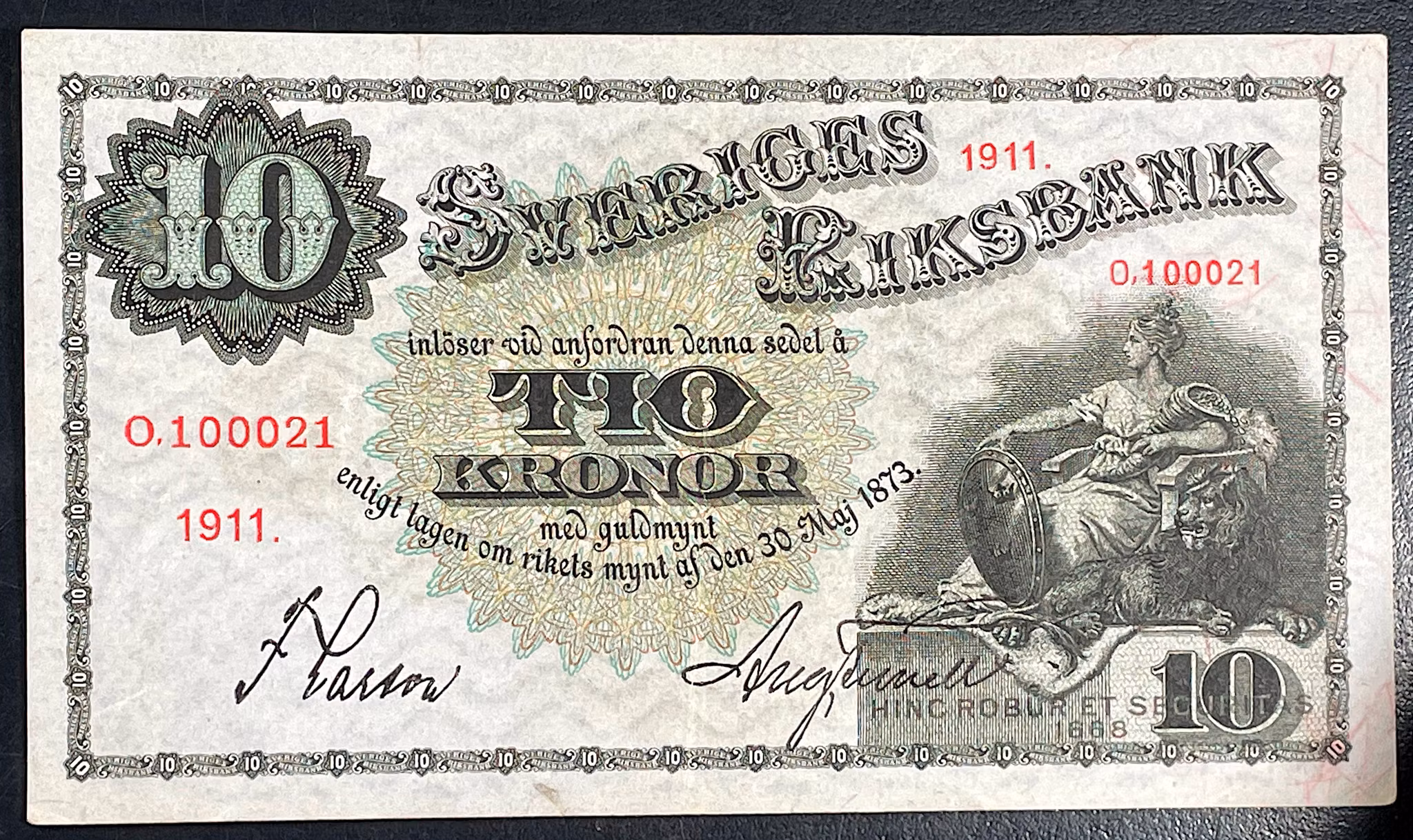 Gustav V - Tilltalande 10 kronorsedel 1911 RAR