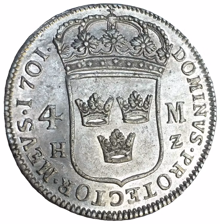 Karl XII 1697-1718, 4 Mark 1701 i silver - LÄCKER KVALITET