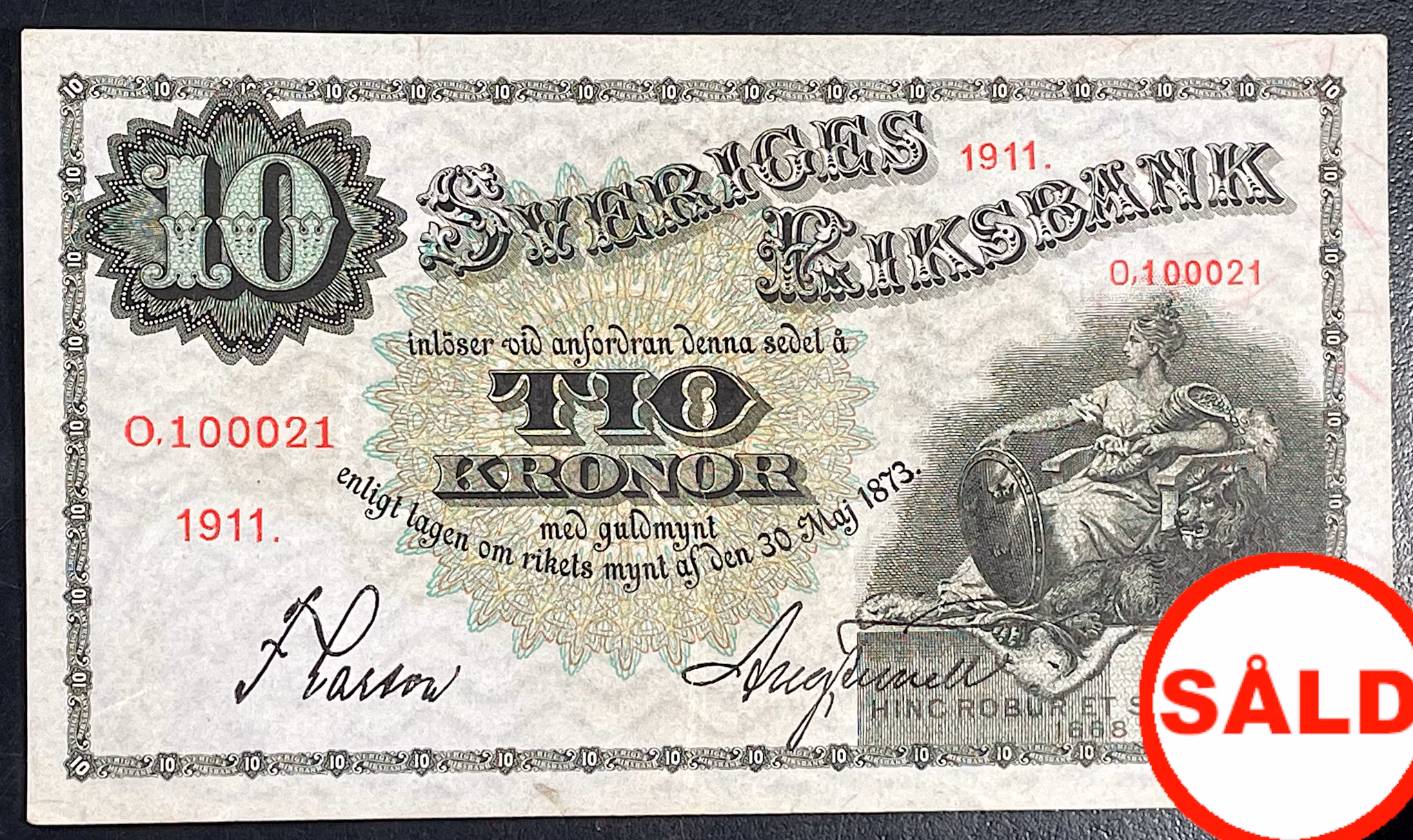 Gustav V - Tilltalande 10 kronorsedel 1911 RAR