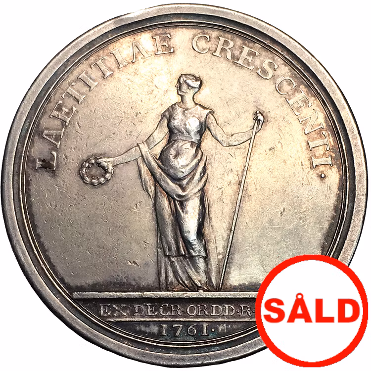 Sverige, Gustav III 1771-1792, Silvermedalj utgiven med anledning av kronprinsens (Gustav III) 16 års dag 1761 av Daniel Fehrman