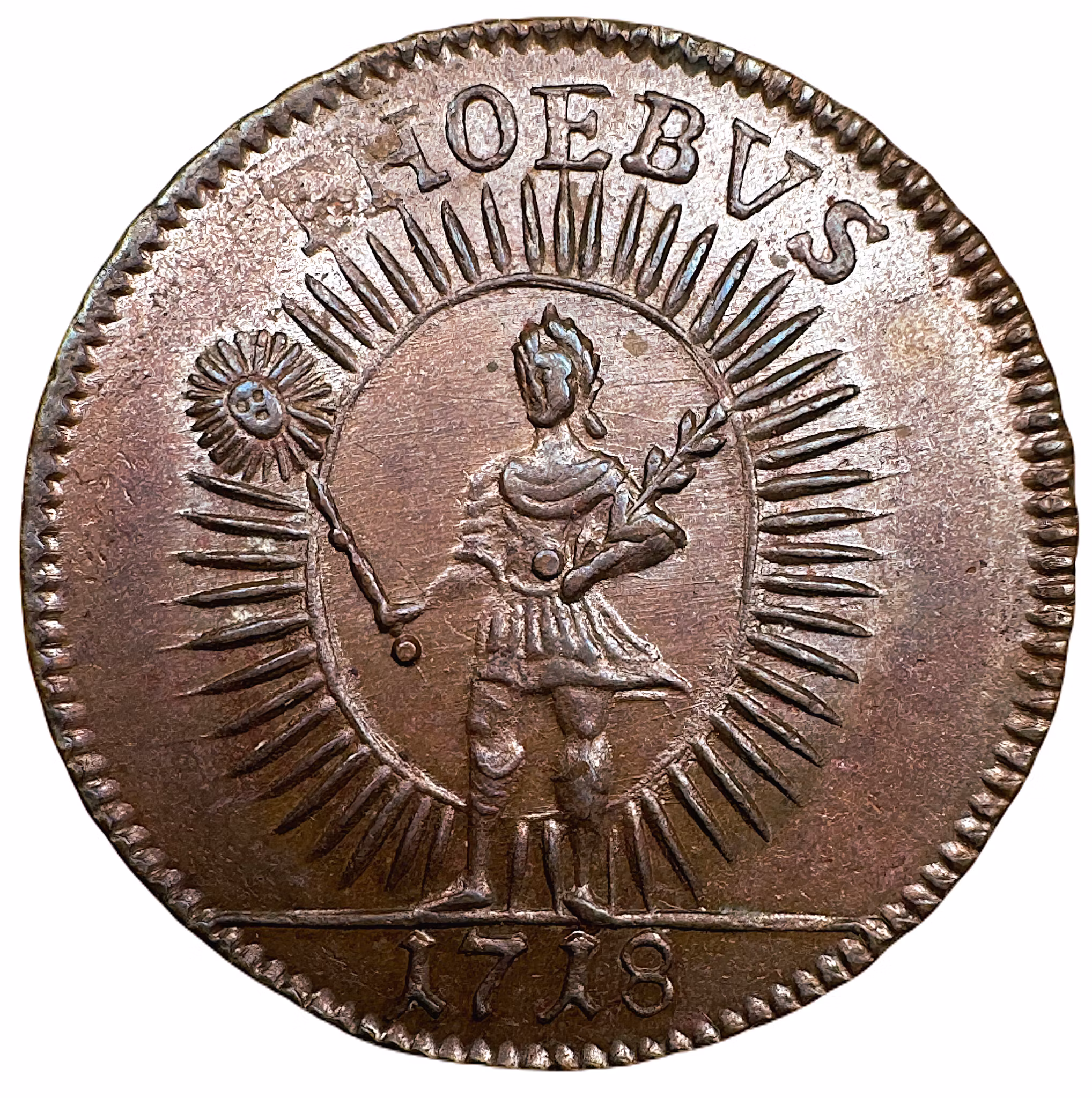 Karl XII - 1 DSM 1718 PHOEBVS med större årtal och två strålar mellan benen