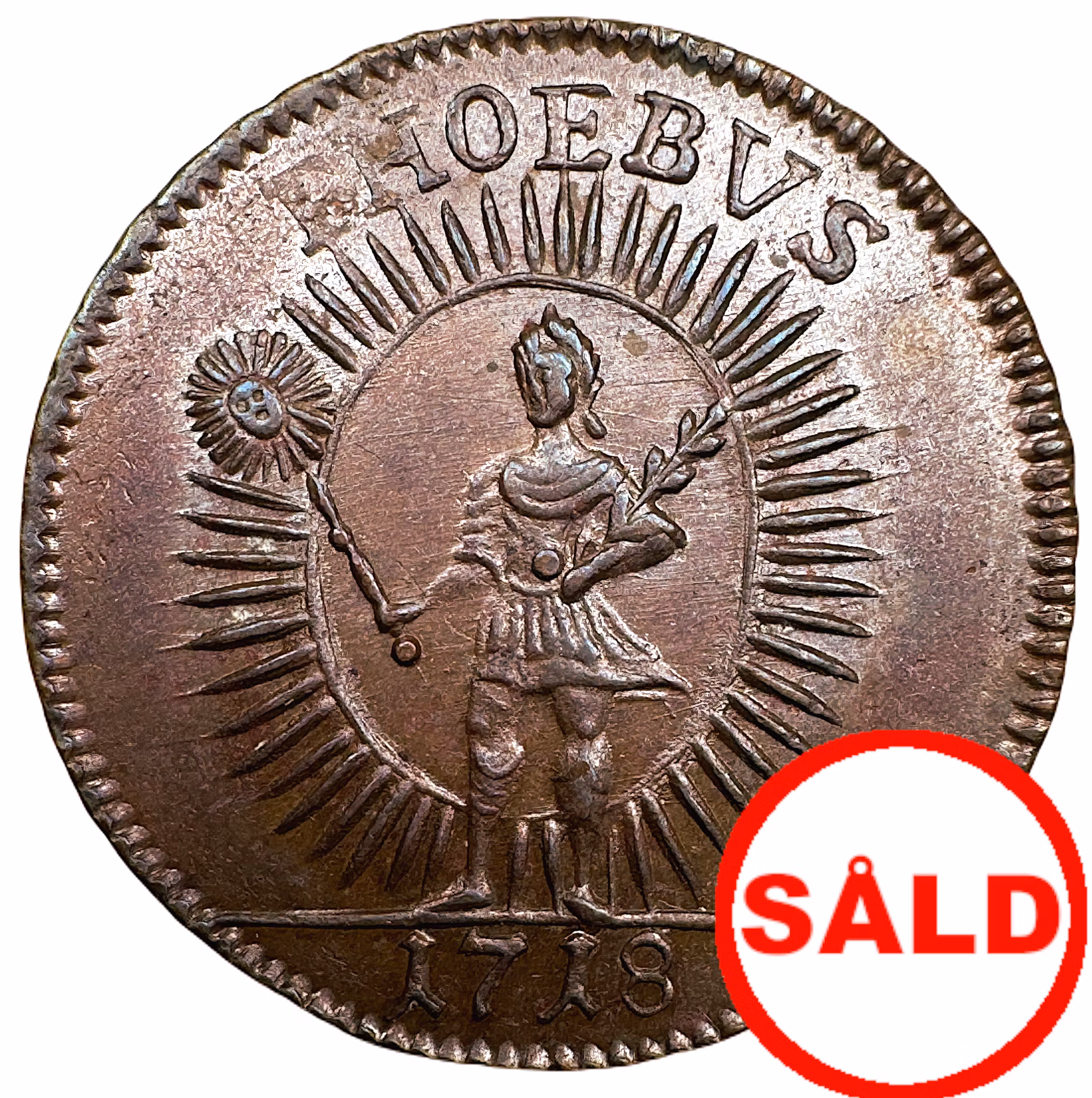 Karl XII - 1 DSM 1718 PHOEBVS med större årtal och två strålar mellan benen