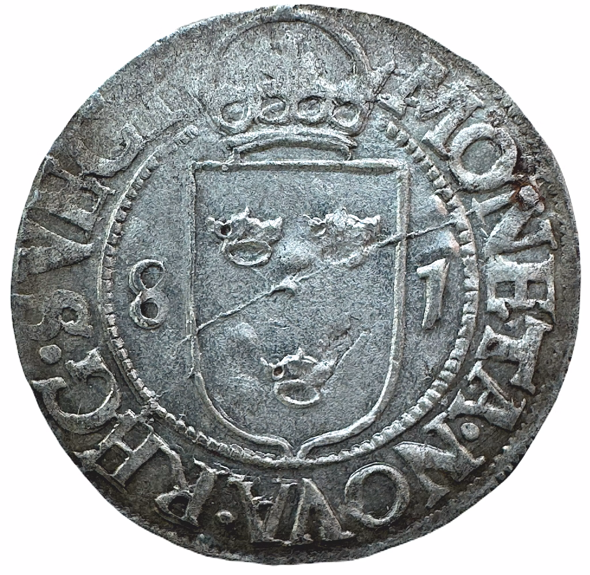 Johan III - 1/2 Öre 1581, åttan dubbelpunsad, silvrigt exemplar med fin lyster