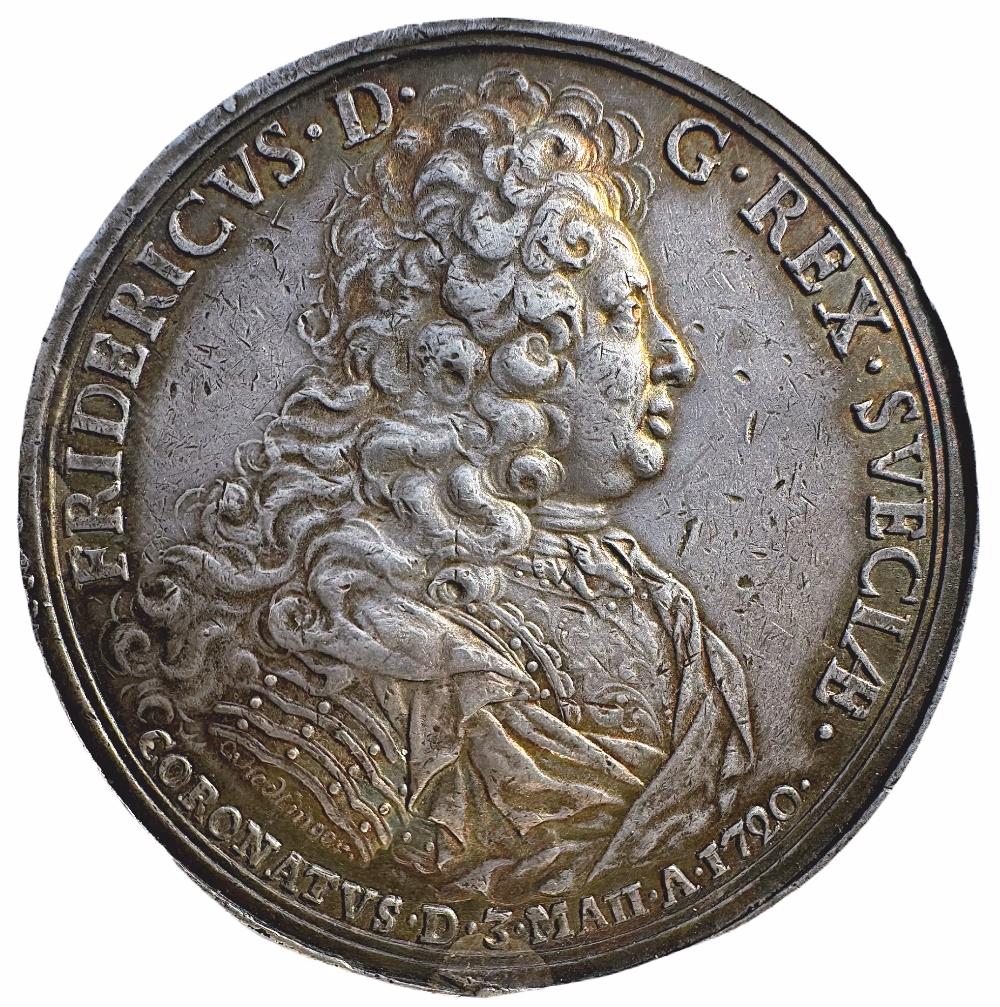 Fredrik I:s kröning i Stockholms storkyrka den 3 maj 1720 av Johann Carl Hedlinger - Ex Bonde - Med gravörens namn: "C•Hedlinger•" - Mycket sällsynt - RR