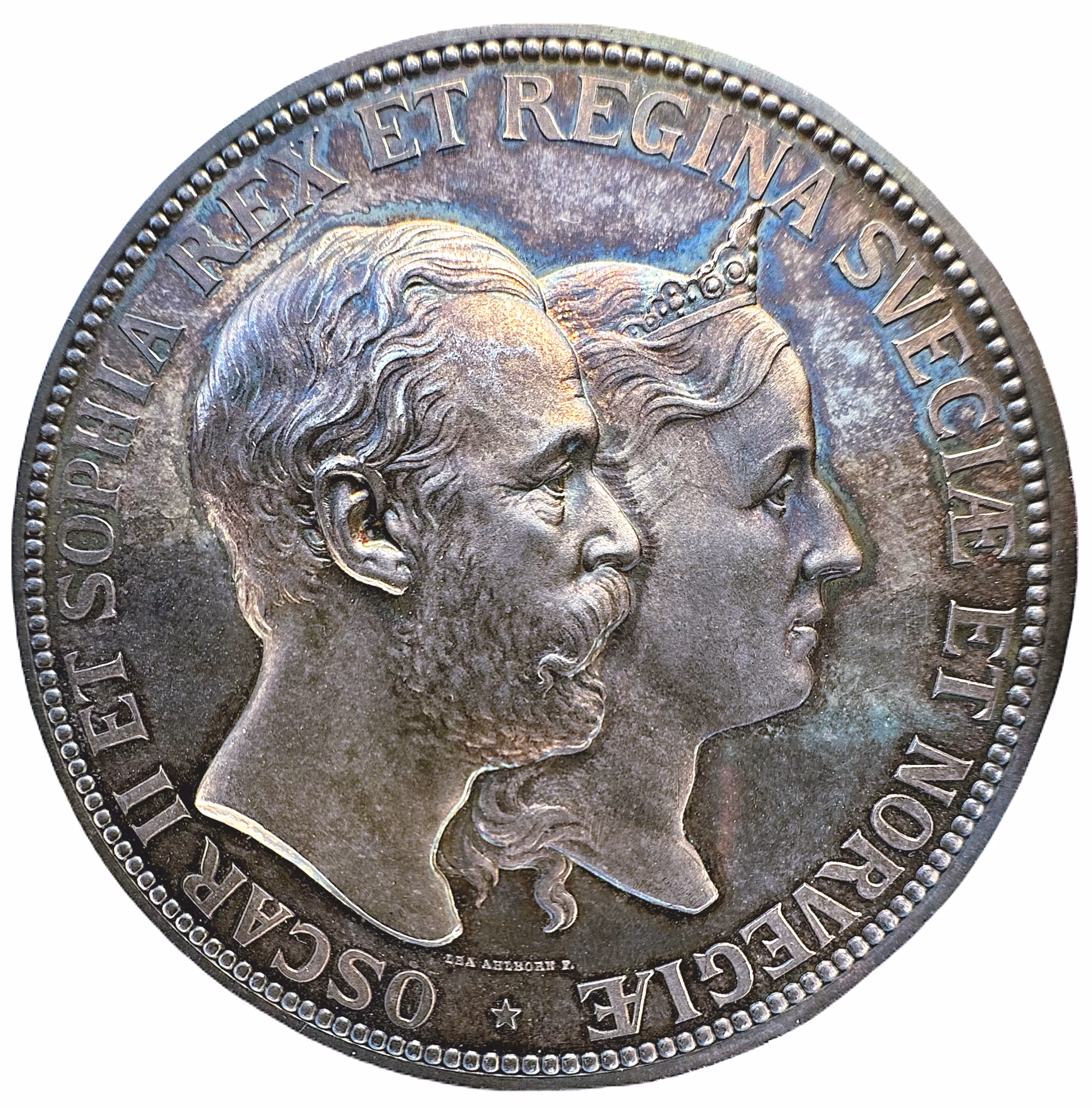 Oskar II och Sophia, Silverbröllopet 1857-1882 - Ett praktexemplar med frostaktig relief och djupt spegelglänsande ytor
