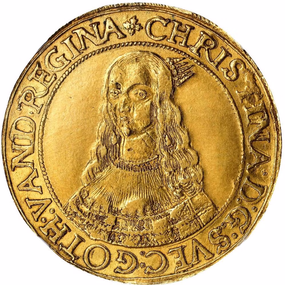 Kristina, 10 Dukater 1645 - Riga - 2 exemplar i privat ägo - Ex. Sven Svensson 1966, Ex. Kroisos Collection 2008 - XR