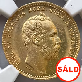 Karl XV - 1 Dukat 1865, litet årtal stort ST - Ett vackert ocirkulerat exemplar med härligt frostad relief och djupt glänsande fält