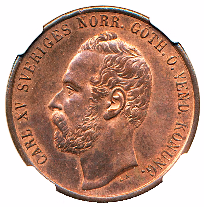 Karl XV - 5 Öre 1867 - Ocirkulerat praktexemplar med full röd lyster - NGC MS64 RB