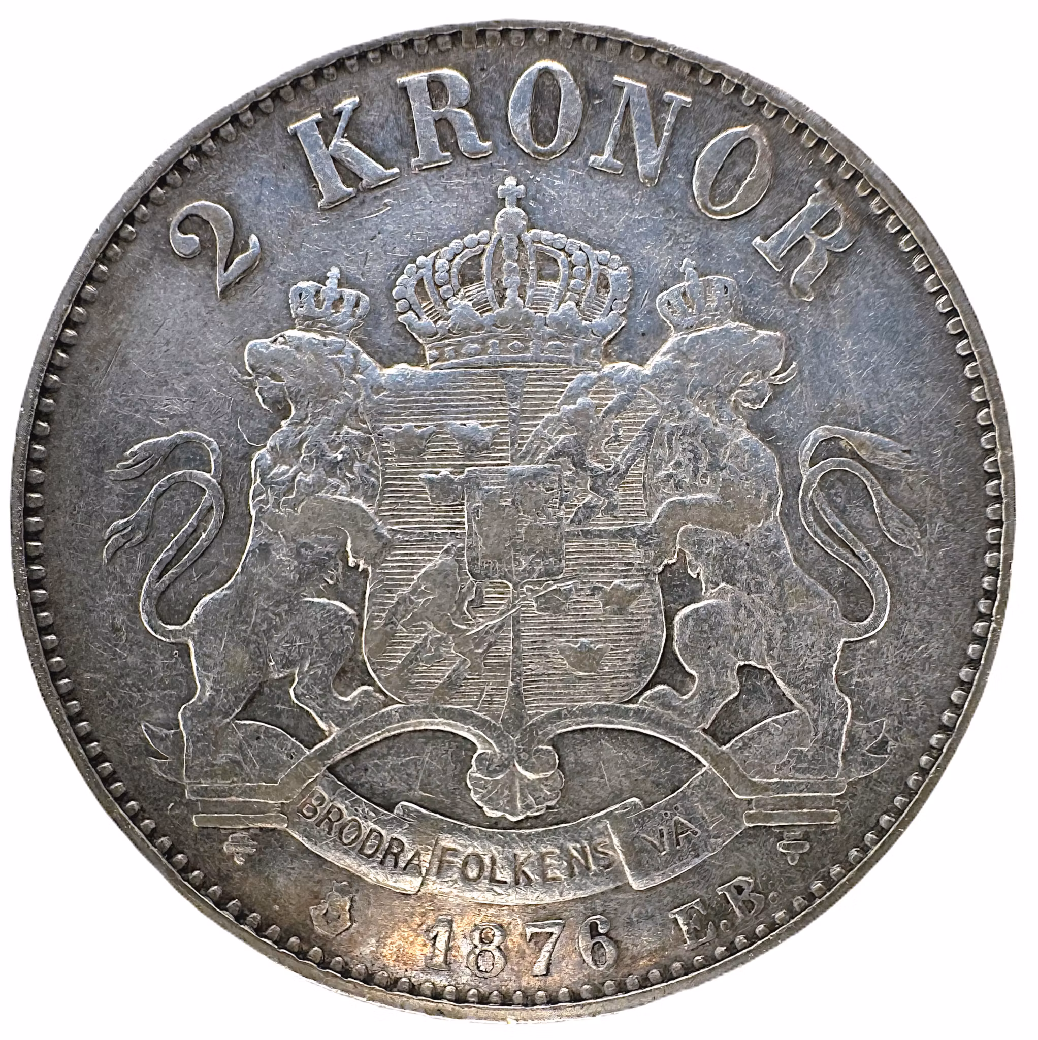 Oskar II - 2 Kronor 1876 med brett årtal och stort EB i vacker kvalitet - En klassisk raritet