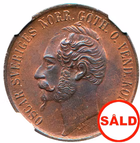 Oskar I - 5 Öre 1858 på 7 - Ett ocirkulerat praktexemplar - NGC MS65 BN
