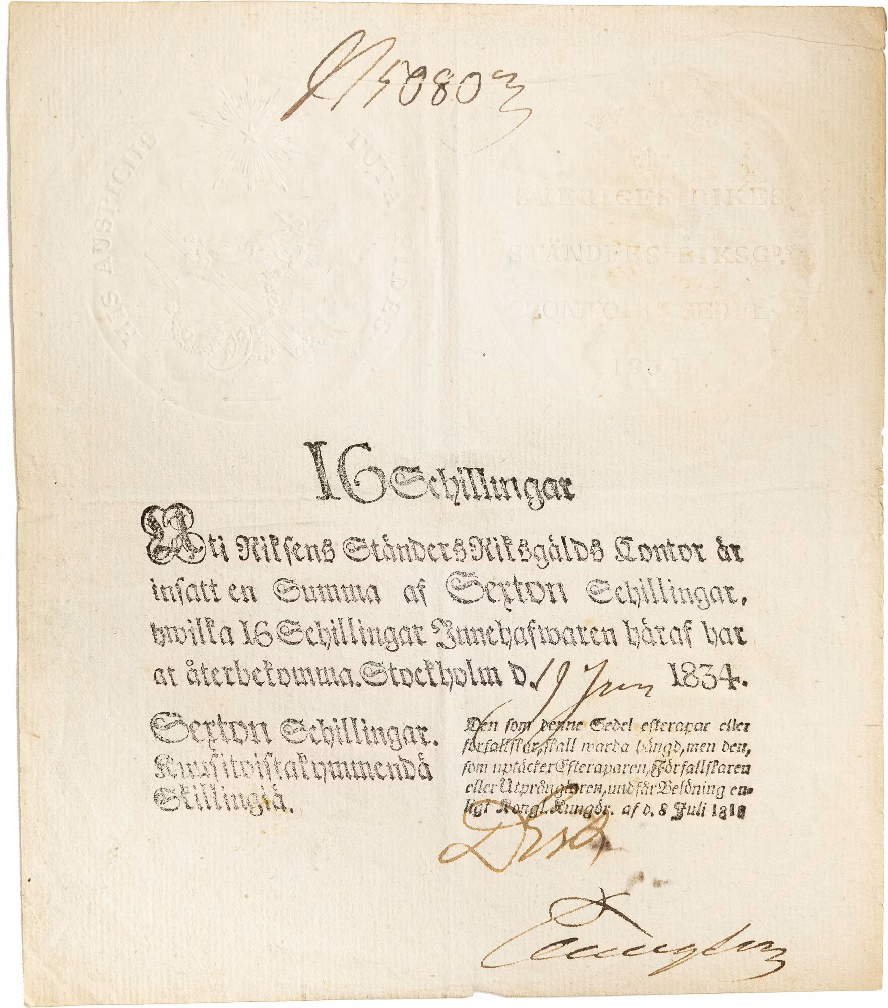 Riksgäldskontoret - 16 skillingar 1834 - Sällsynt