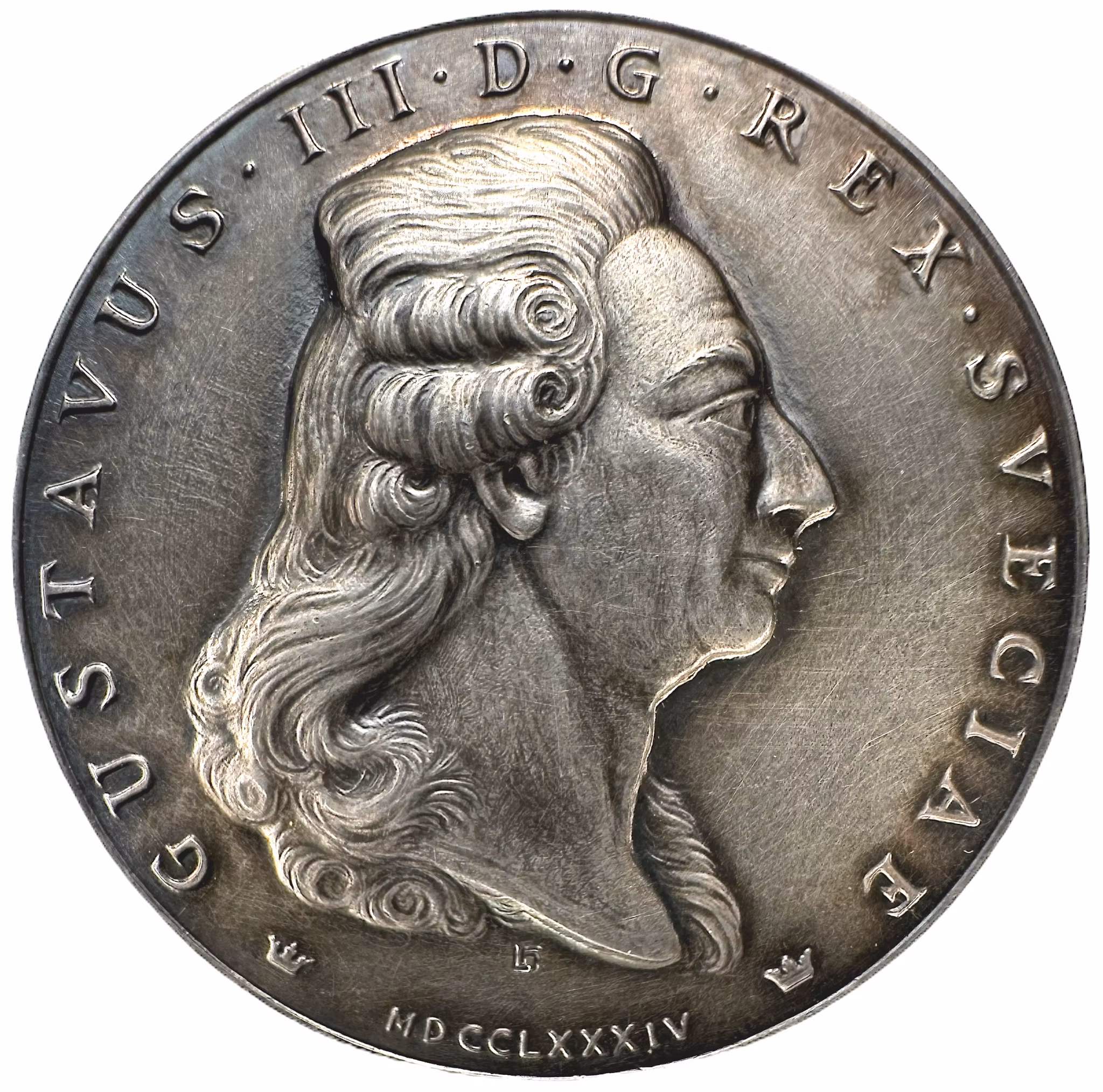 Minnesmedalj över Gustav III:s förvärv av S:t Barthelemy i Västindien 1784. Av Léo Holmgren