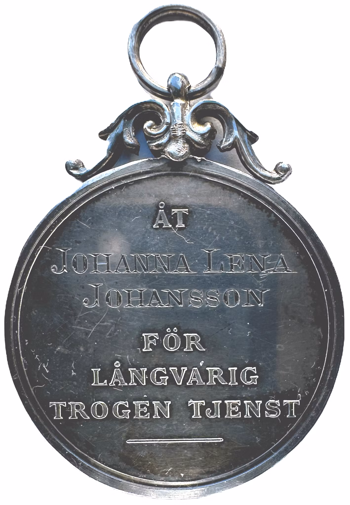 Oskar II - Kungliga Svenska Patriotiska sällskapets silvermedalj - Utdelad till Johanna Lena Johansson för långvarig trogen tjänst