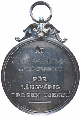 Oskar II - Kungliga Svenska Patriotiska sällskapets silvermedalj - Utdelad till Johanna Lena Johansson för långvarig trogen tjänst