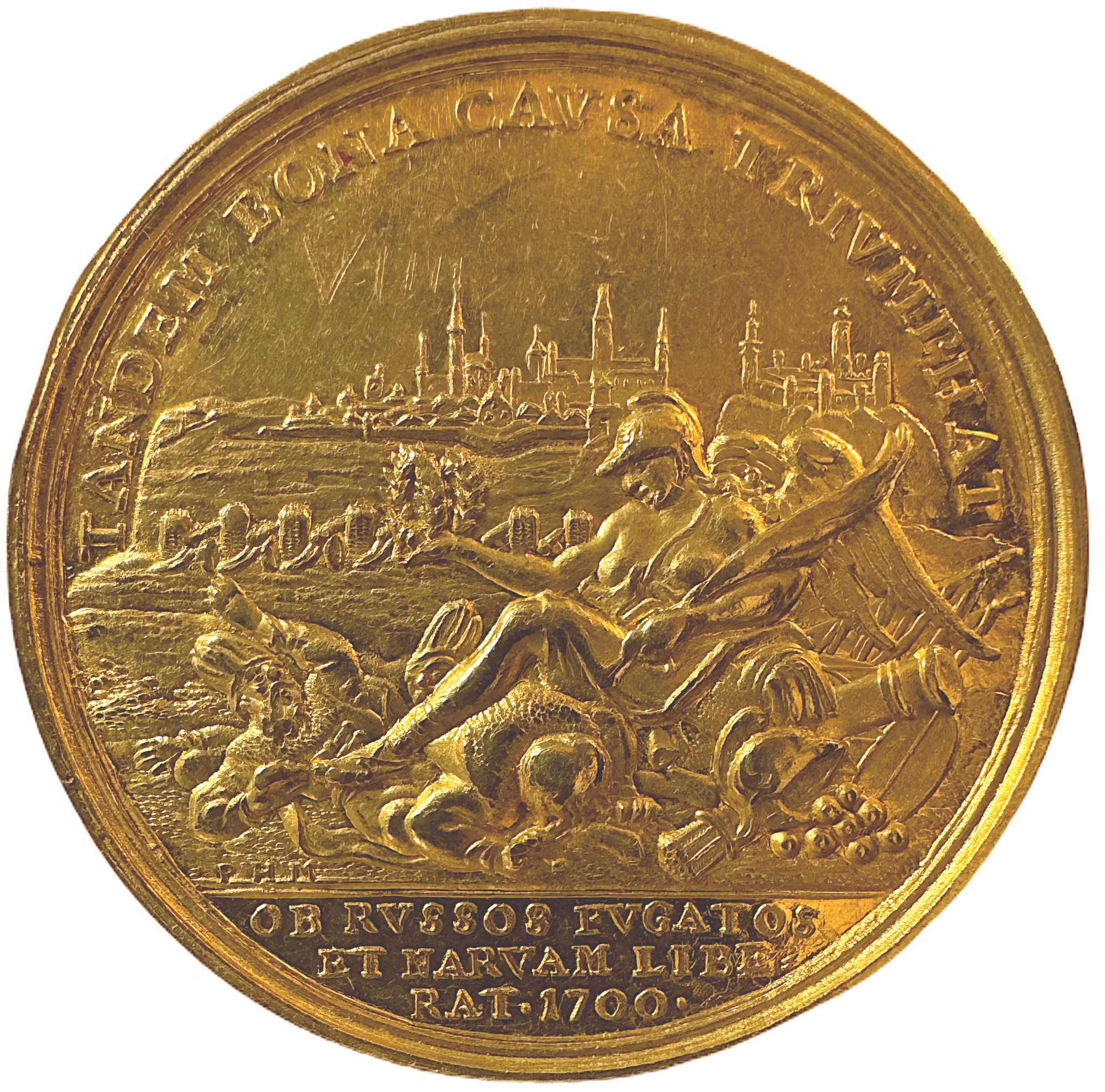 Karl XII - Segern vid Narva 1700 - UNIK guldmedalj i 9 dukaters vikt av Hautsch & Müller - En av Sveriges största militära triumfer