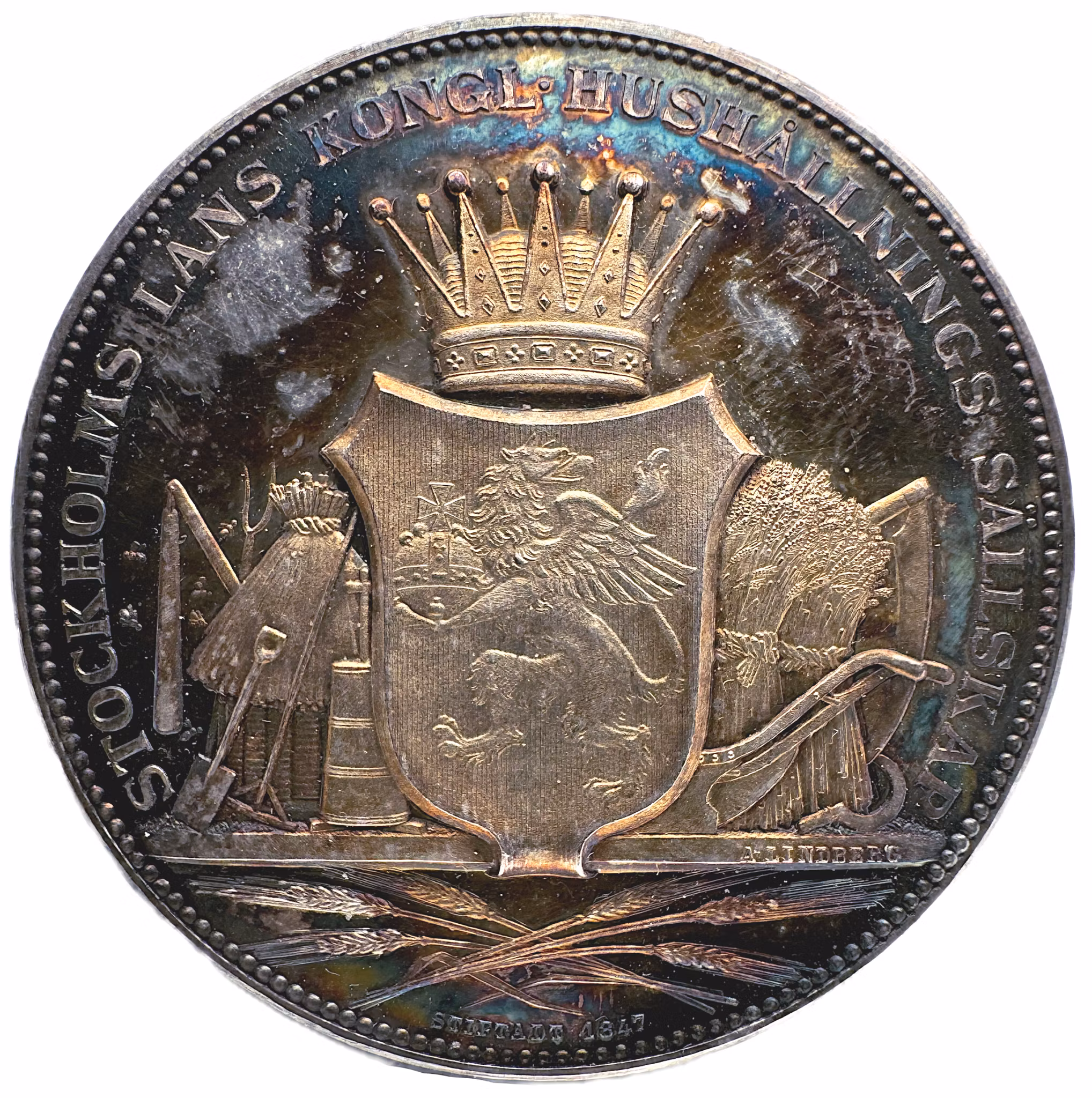 Oskar II - Stockholms kungliga hushållningssällskap av Adolf Lindberg - Utdelad till Aktiebolaget Palmcrantz och Co 1896 - Mycket vackert exemplar i originaletui