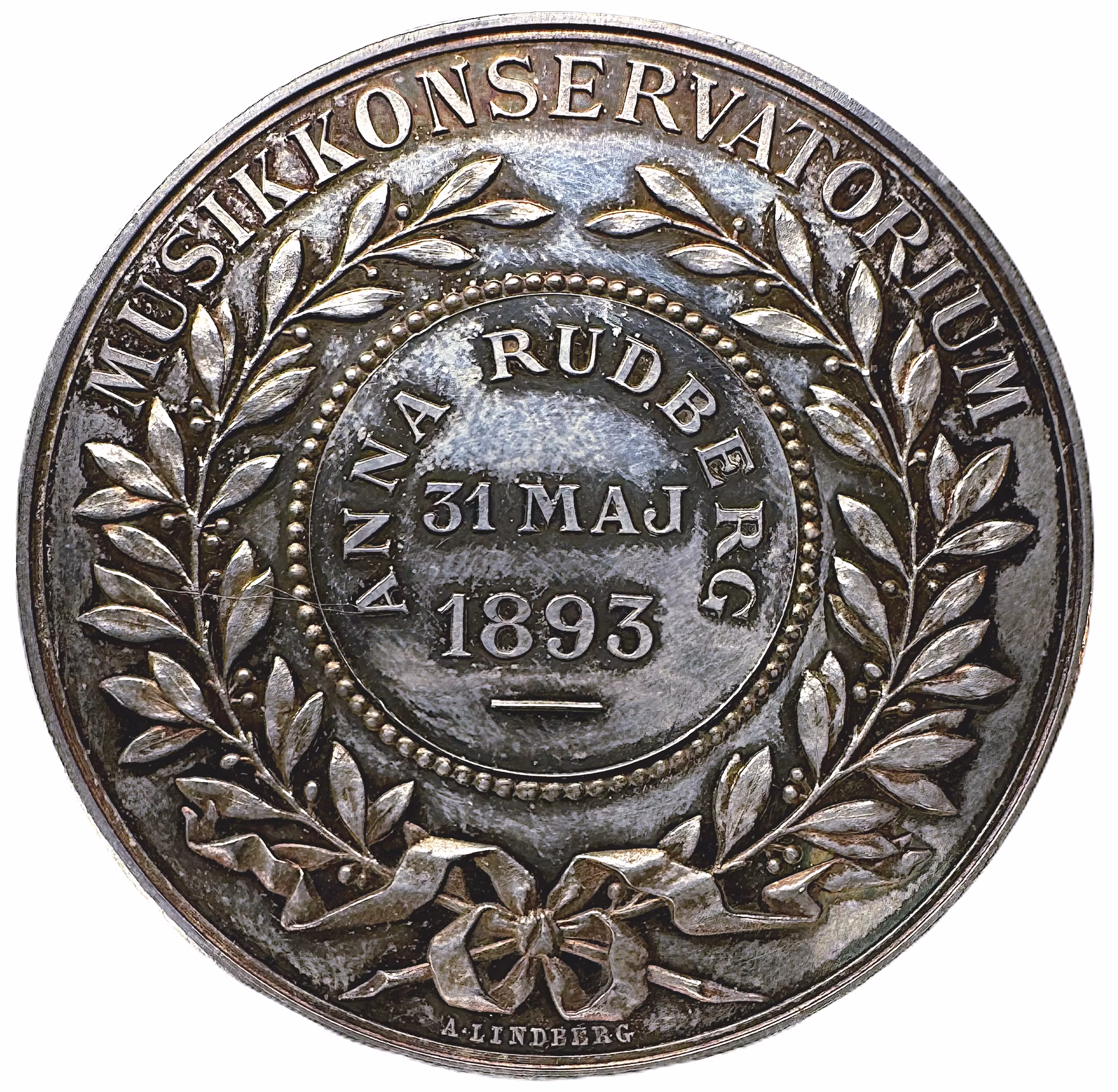 Oskar II - Kungliga musikaliska akademiens belöningsmedalj utdelad till Anna Rudberg den 31 maj 1983 graverad av Adolf Lindberg - Mycket sällsynt - I originaletui