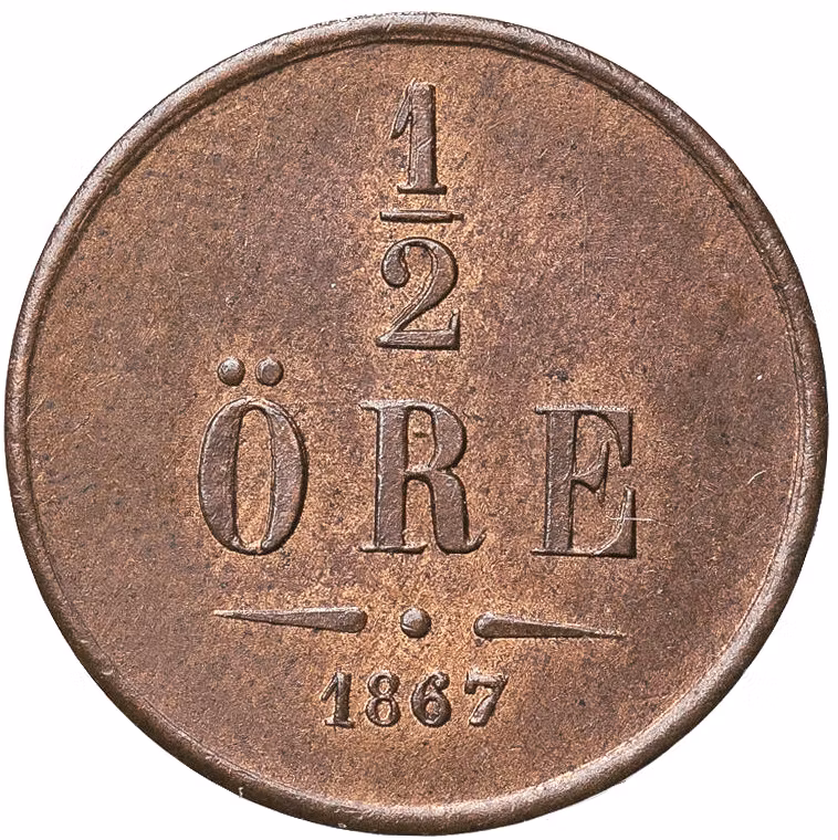Karl XV - 1/2 Öre 1867 med stort årtal - Mycket vackert ocirkulerat exemplar