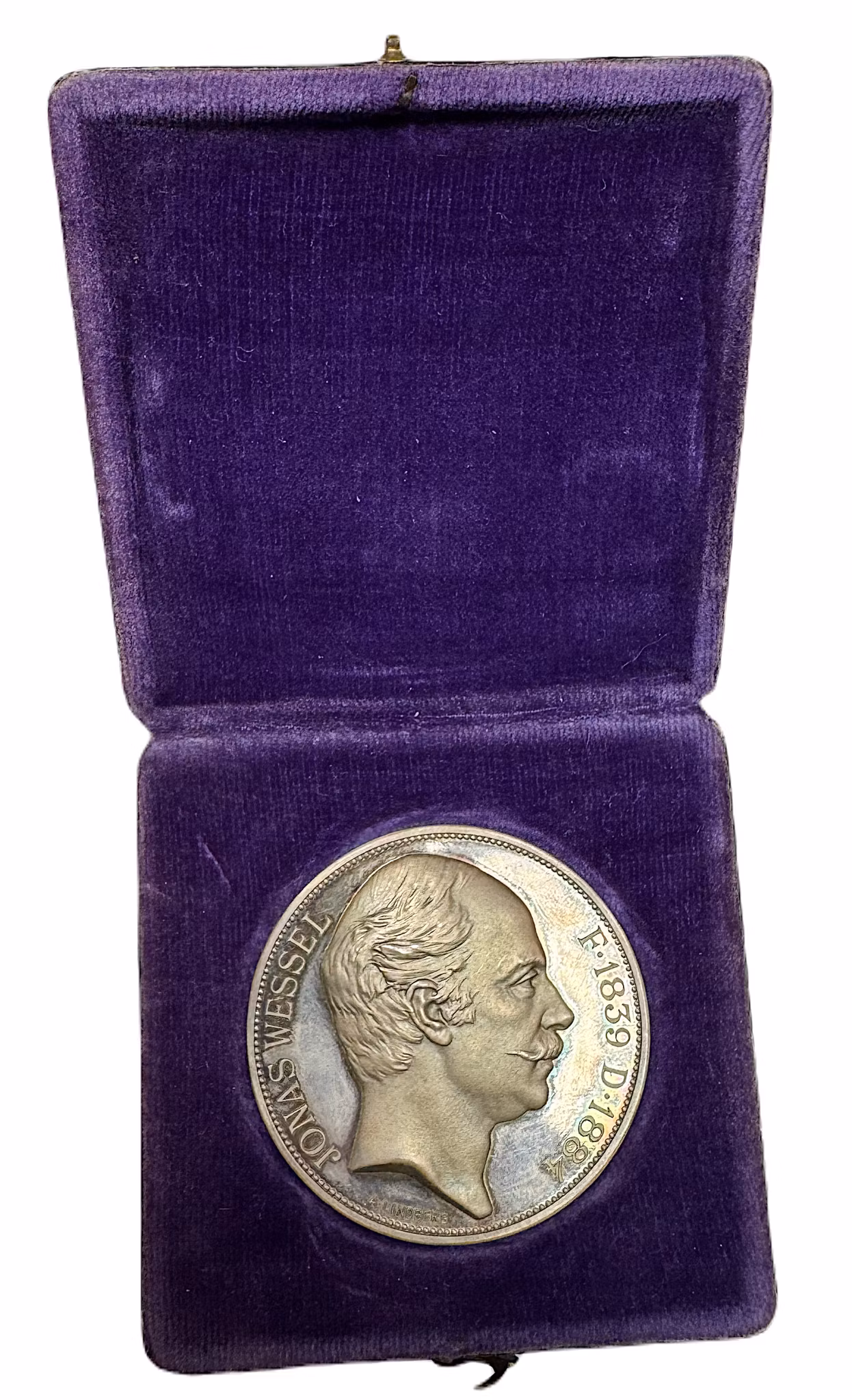 Jonas Wessel (1839-1884) Järnvägsentreprenör - PROOFLIKE silvermedalj i originaletui graverad av Adolf Lindberg