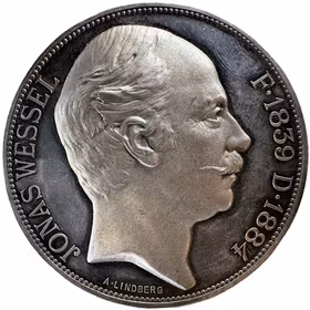 Jonas Wessel (1839-1884) Järnvägsentreprenör - PROOFLIKE silvermedalj i originaletui graverad av Adolf Lindberg