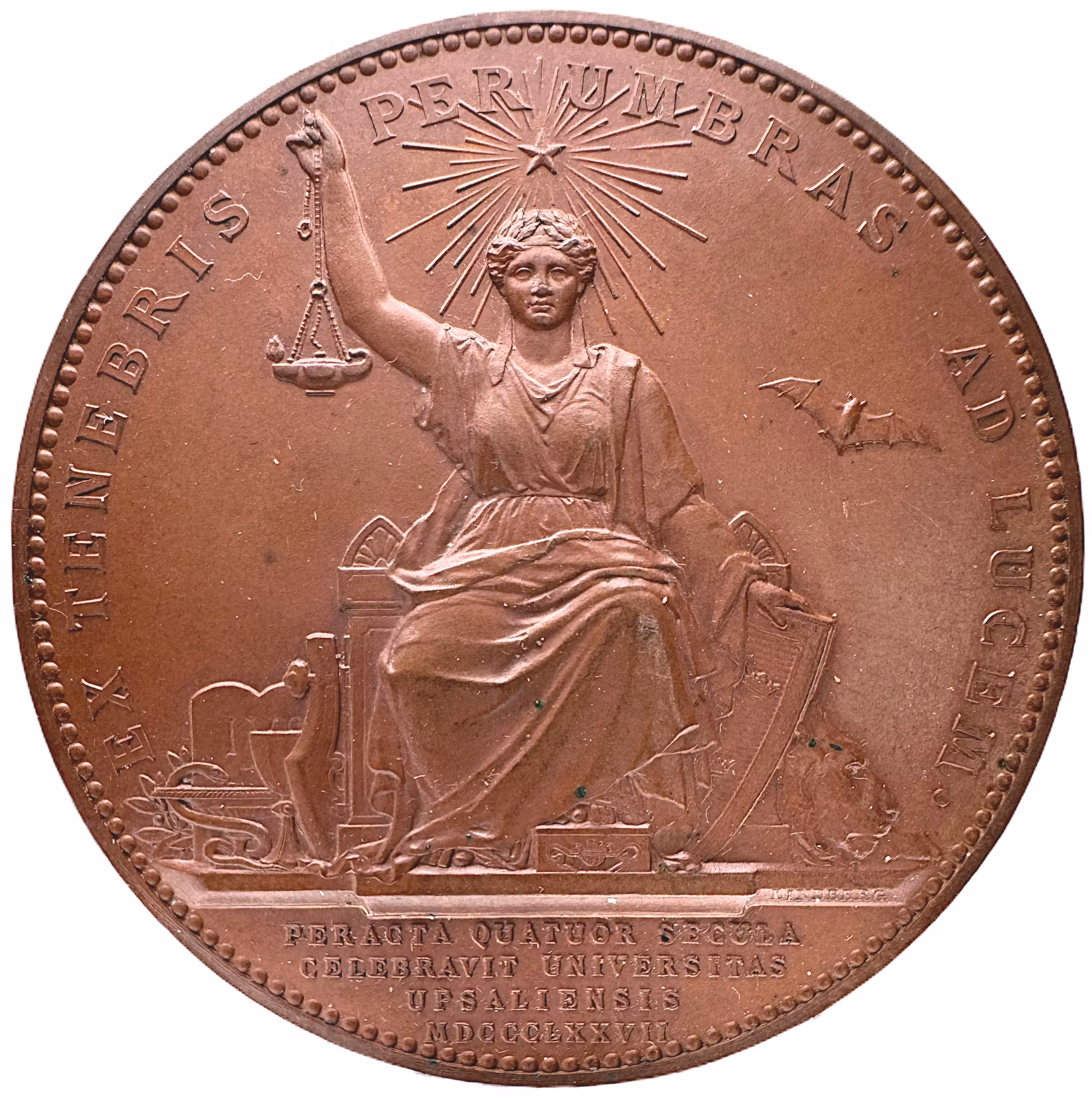 Oskar II - Uppsala universitets 400-årsfest - Vacker bronsmedalj i originaletui från utgivandet 1877 - graverad av Adolf Lindberg