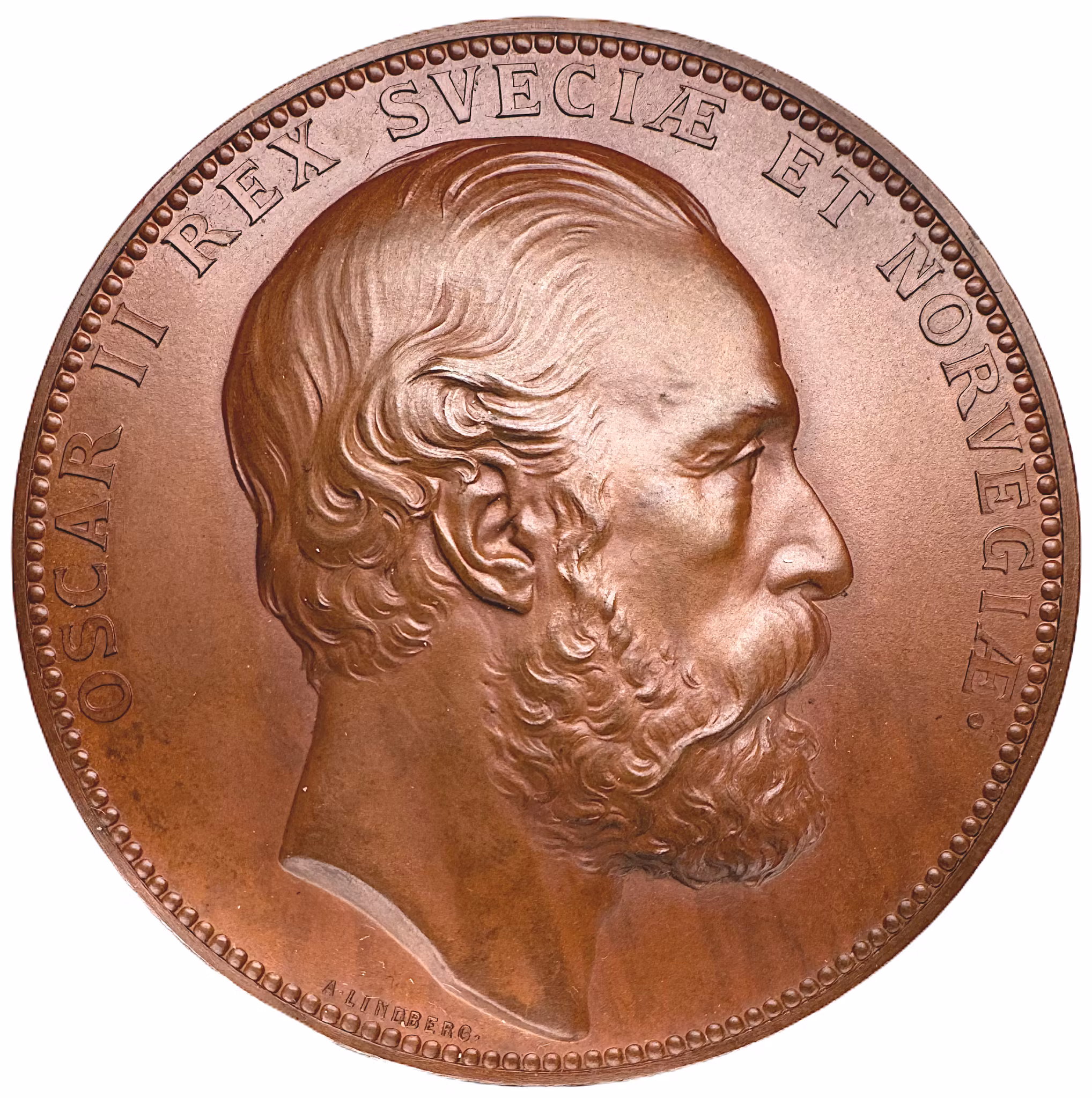 Oskar II - Uppsala universitets 400-årsfest - Vacker bronsmedalj i originaletui från utgivandet 1877 - graverad av Adolf Lindberg