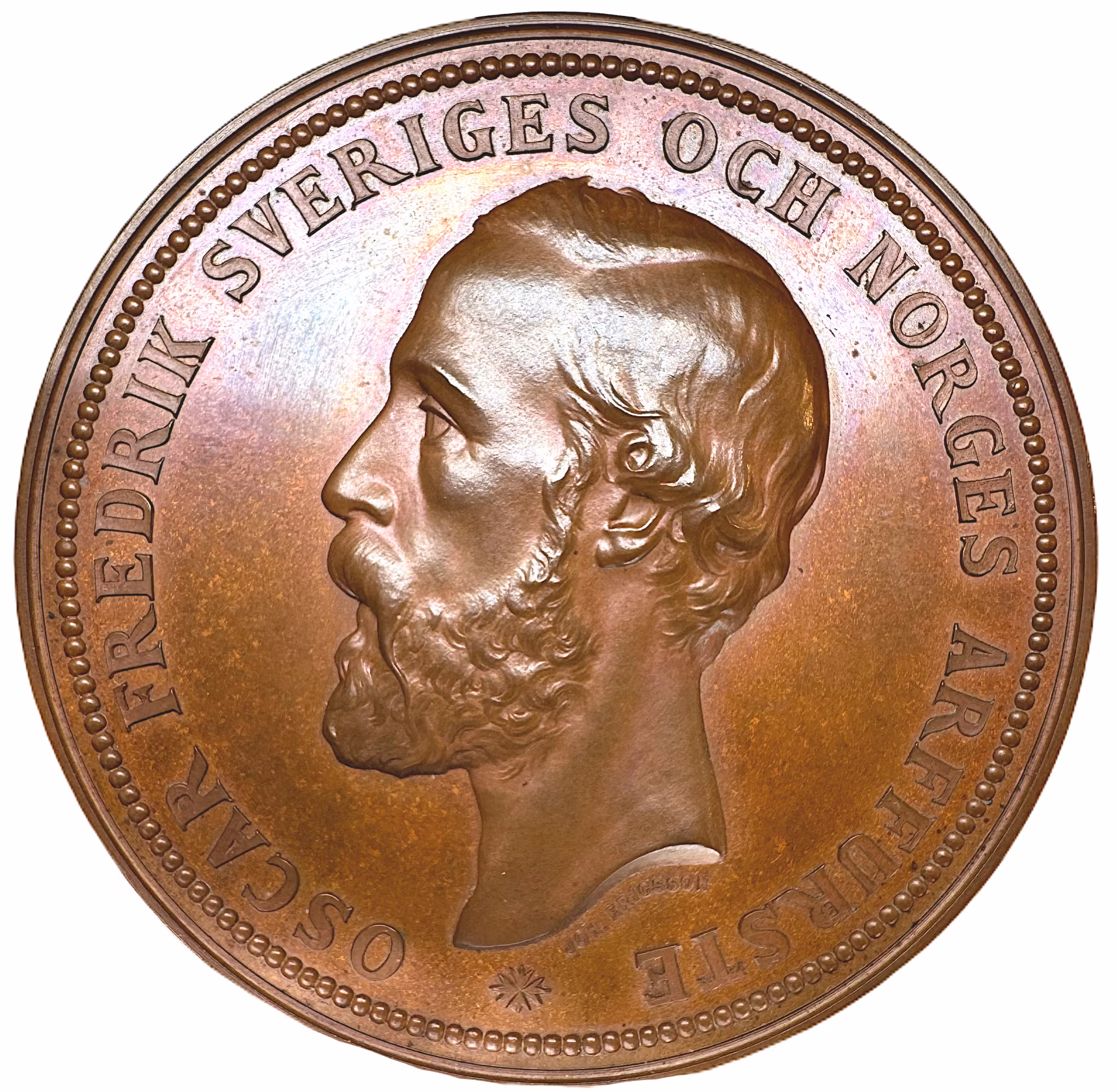 Hertig Oskar (II) som ordförande i kungliga centralkommitén för allmänna industri- och konstutställningen i Stockholm 1866  - Vacker bronsmedalj i originaletui