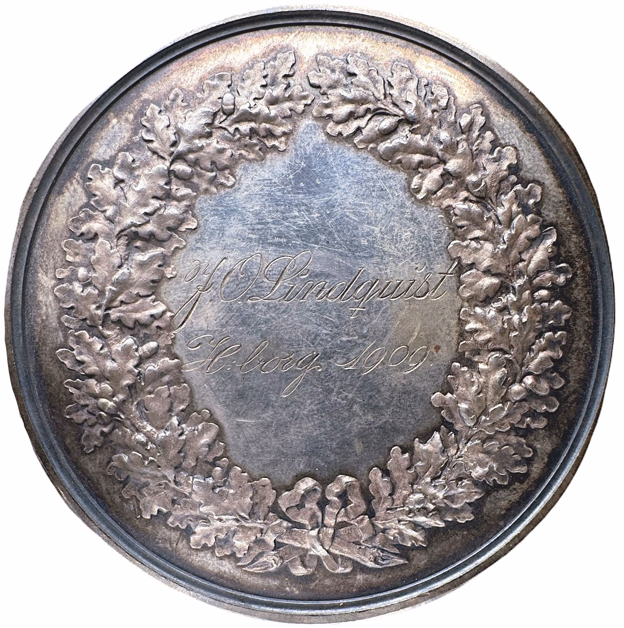 Gustav V - Härligt stor silvermedalj - Trädgårdsutställningen i Helsingborg 1909 - I originaletui