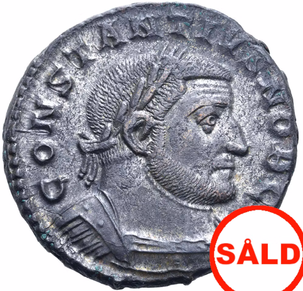 Konstantin den store som Caesar, Treveri 303-305 e.Kr. Skarp och silvrig Follis från Raucebyskatten