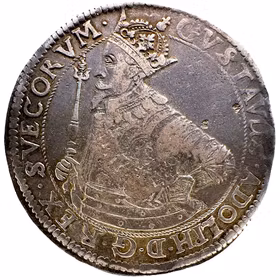 Gustav II Adolf - Riksdaler 1632 med felvända kronor i vapenskölden