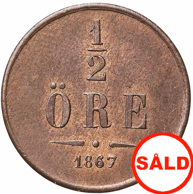Karl XV - 1/2 Öre 1867 med stort årtal - Mycket vackert ocirkulerat exemplar
