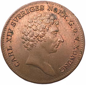 Karl XIV Johan, 1/6 Skilling 1832, porträtt utan mantel - Ett härligt rött exemplar