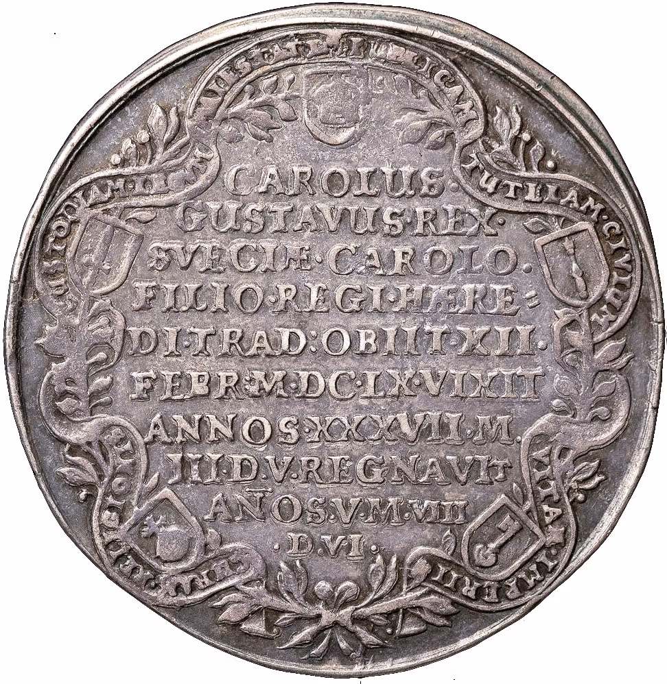 Karl X Gustavs död den 13 februari 1660 och begravning i Riddarholmskyrkan 4 november - Kastmynt 2/3 Riksdaler  - Endast 11 kända exemplar i privat ägo