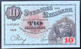 Sveriges riksbank - 10 kronor 1926 - Sedel med rent och krispigt papper - fräsht exemplar