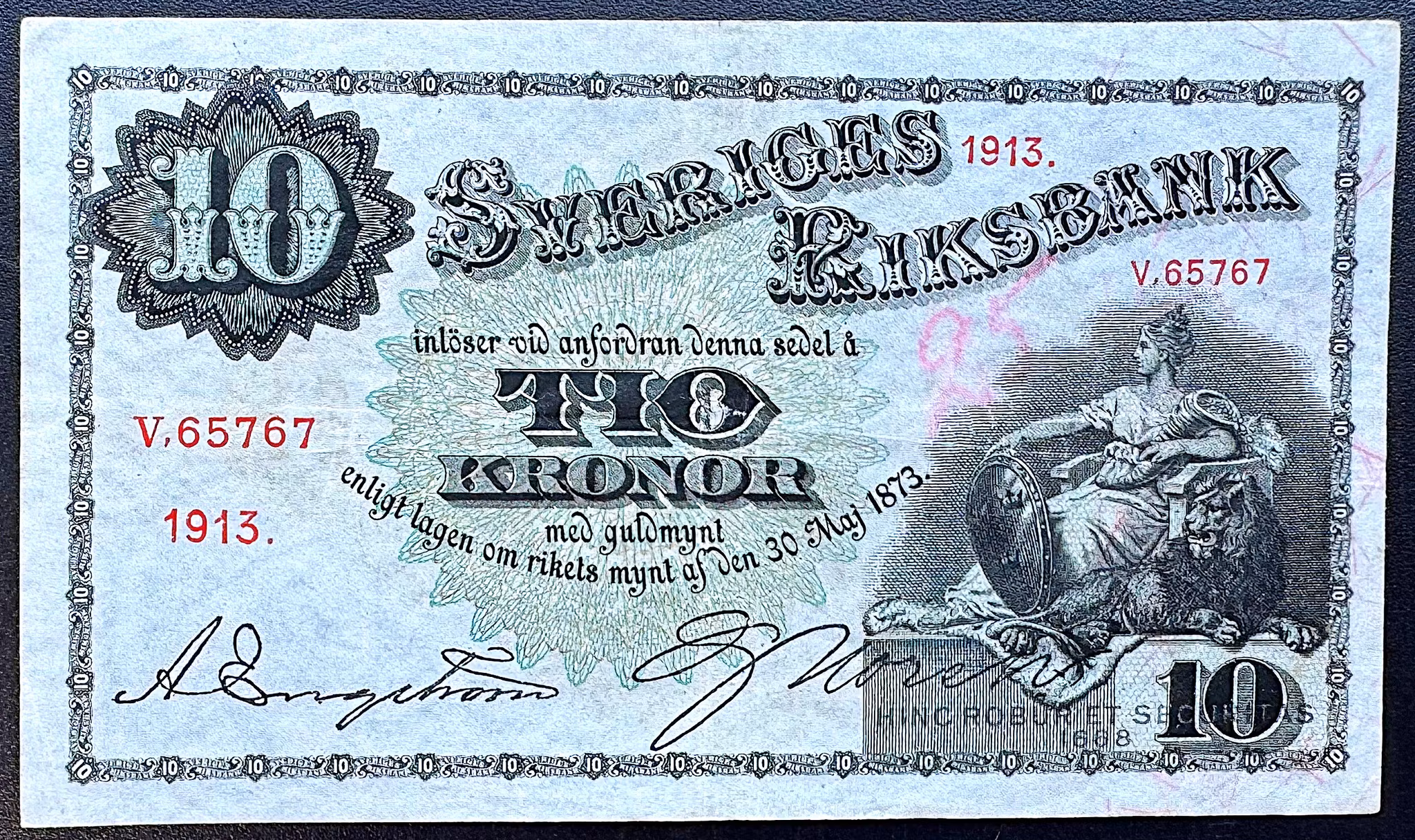 Sveriges riksbank - 10 kronor 1913 - Sedel med rent och krispigt papper - fräsht exemplar