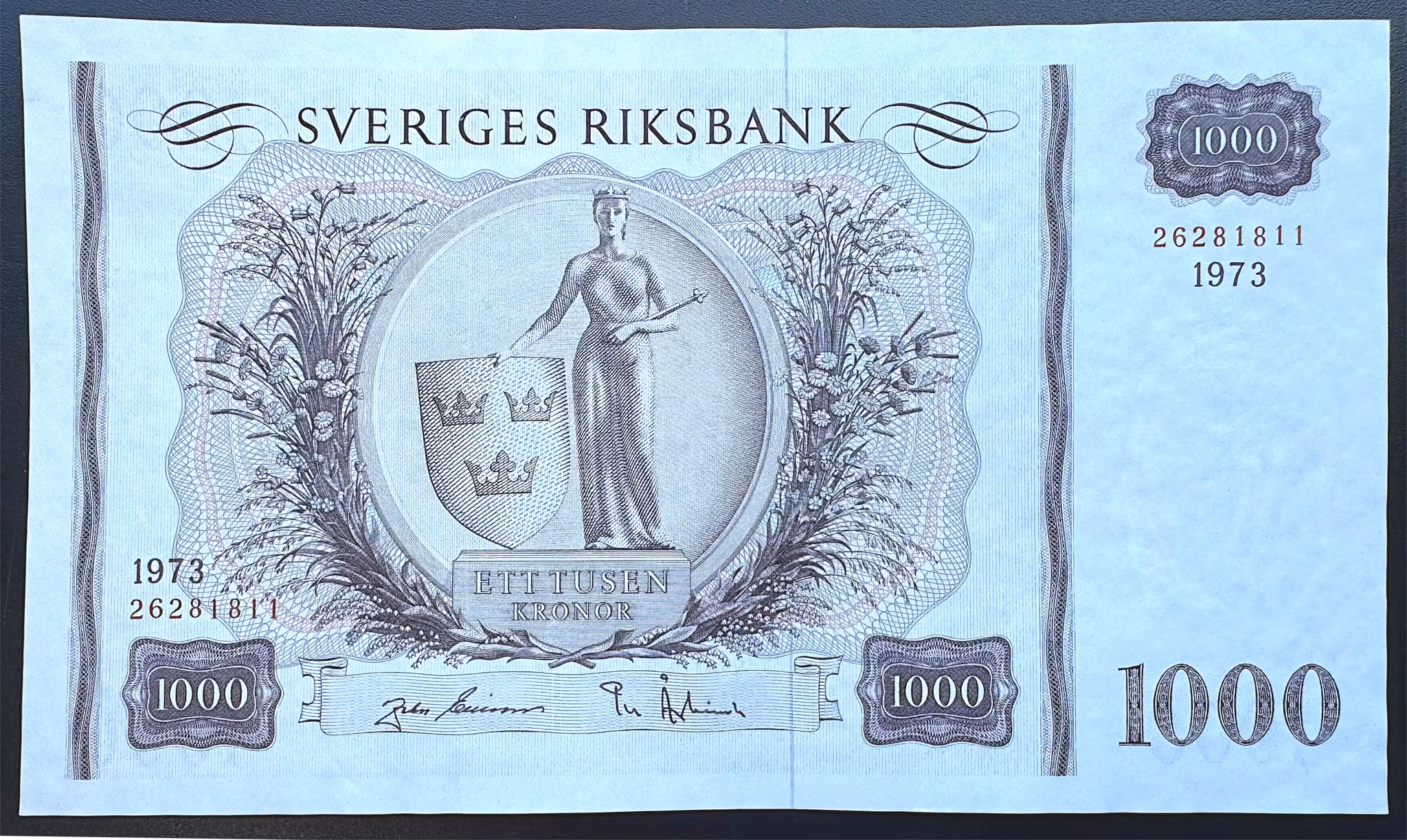 Sveriges riksbank - 1000 kronor 1973 - Sedel med rent och krispigt papper - fräsht exemplar