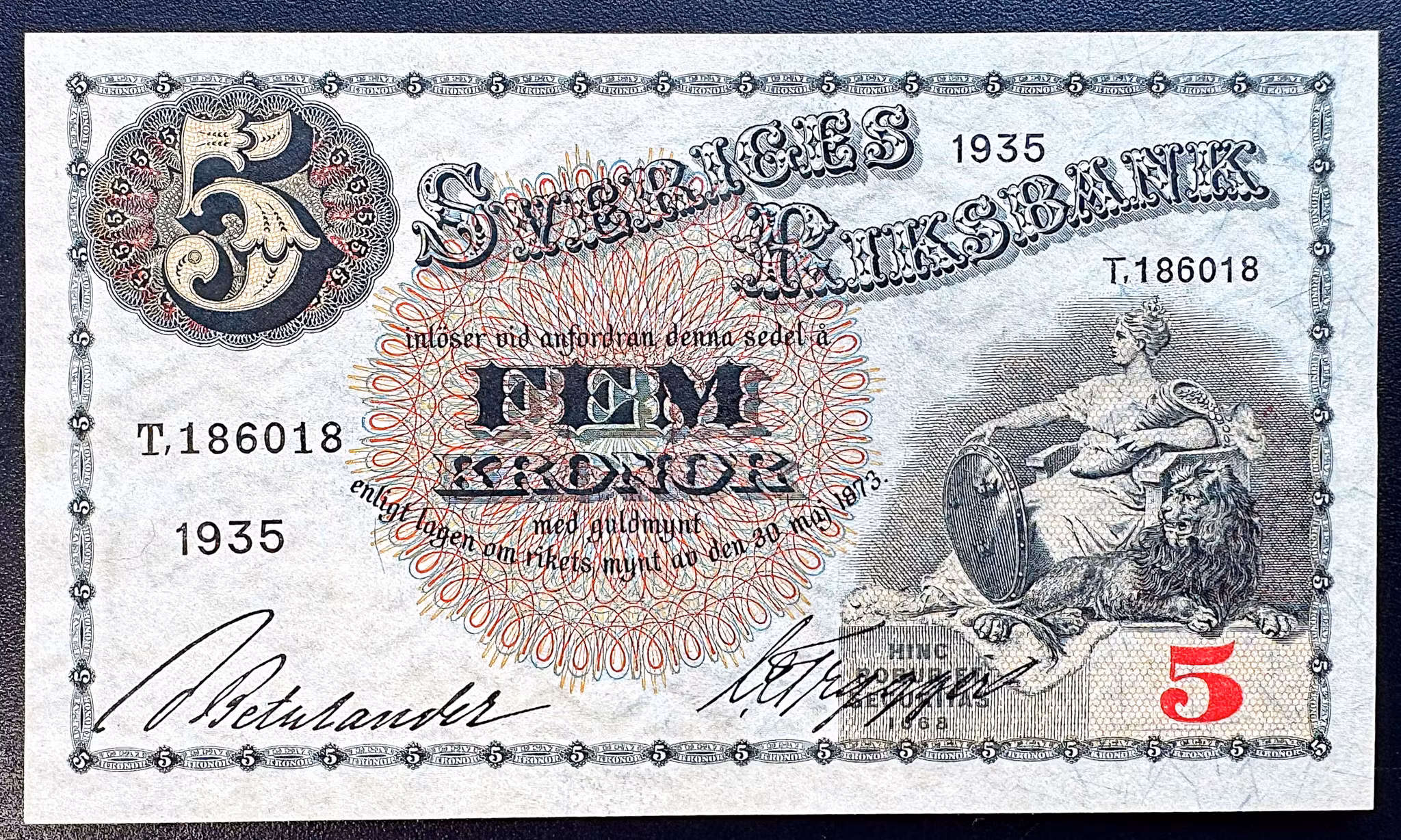 Sveriges riksbank - 5 kronor 1935 - Sedel i  närmast perfekt skick