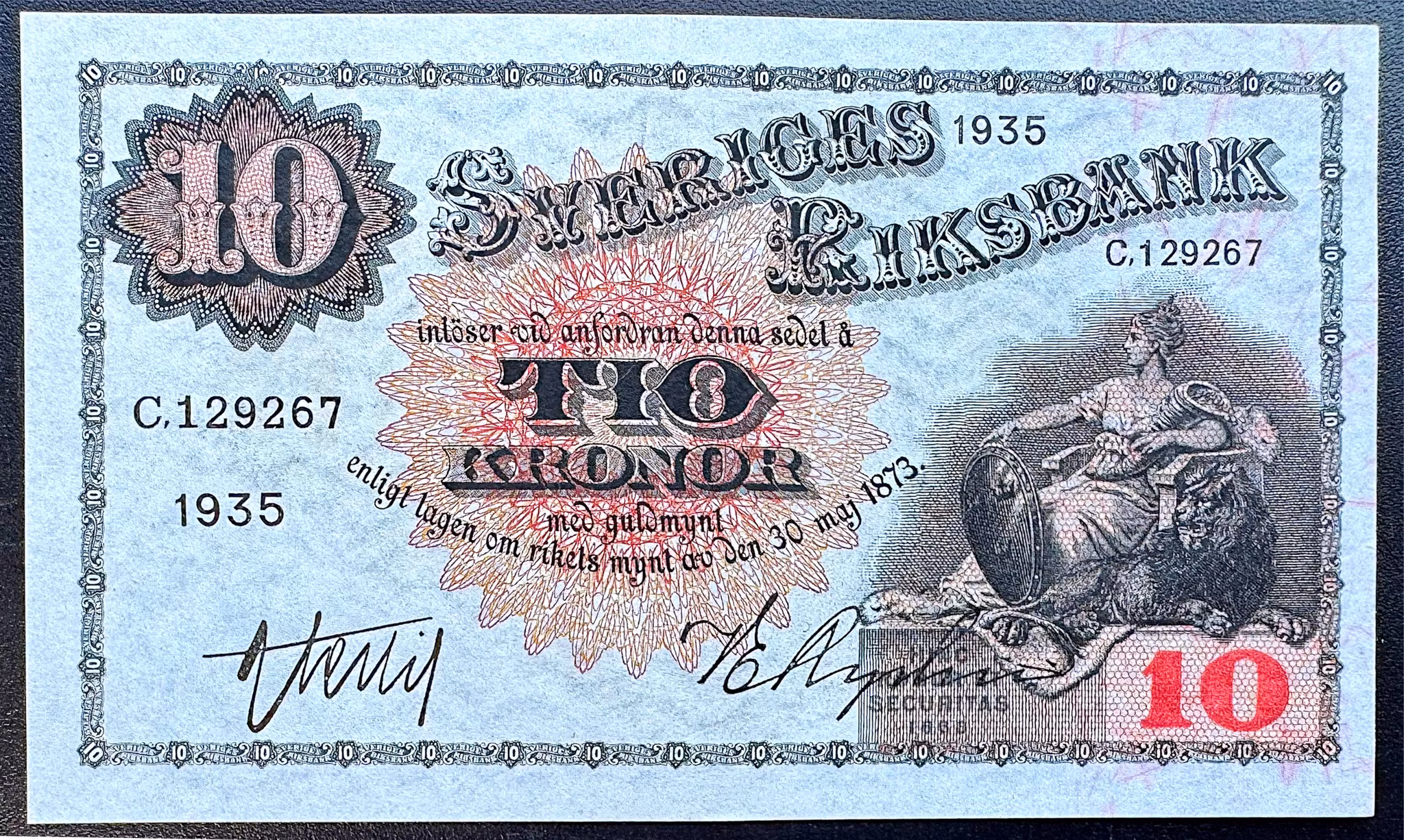 Sveriges riksbank - 10 kronor 1935 - Sedel i  närmast perfekt skick