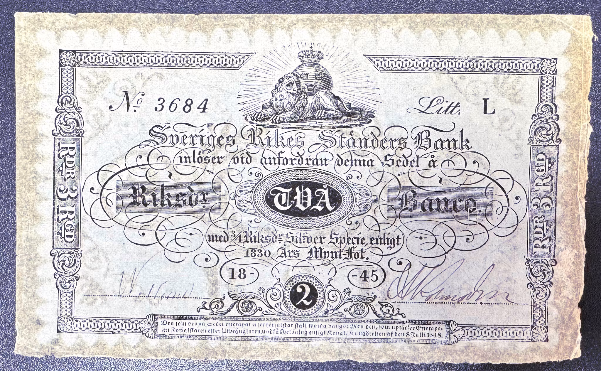 Sveriges rikes ständers bank, 2 Riksdaler banco 1845 - Ett vackert ovikt exemplar, krispt och fräscht - Mycket sällsynt i detta skick