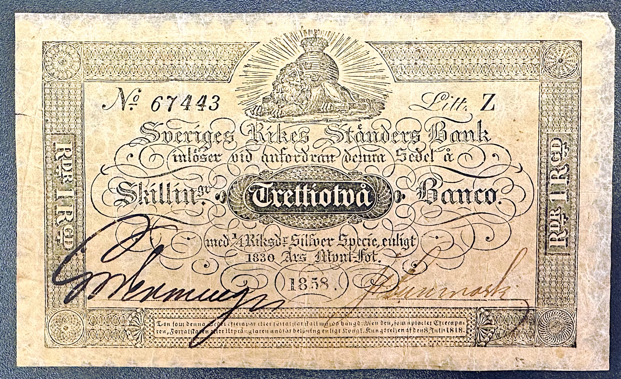 Sveriges rikes ständers bank, 32 Skilling banco 1858 - Ett tilltalande exemplar