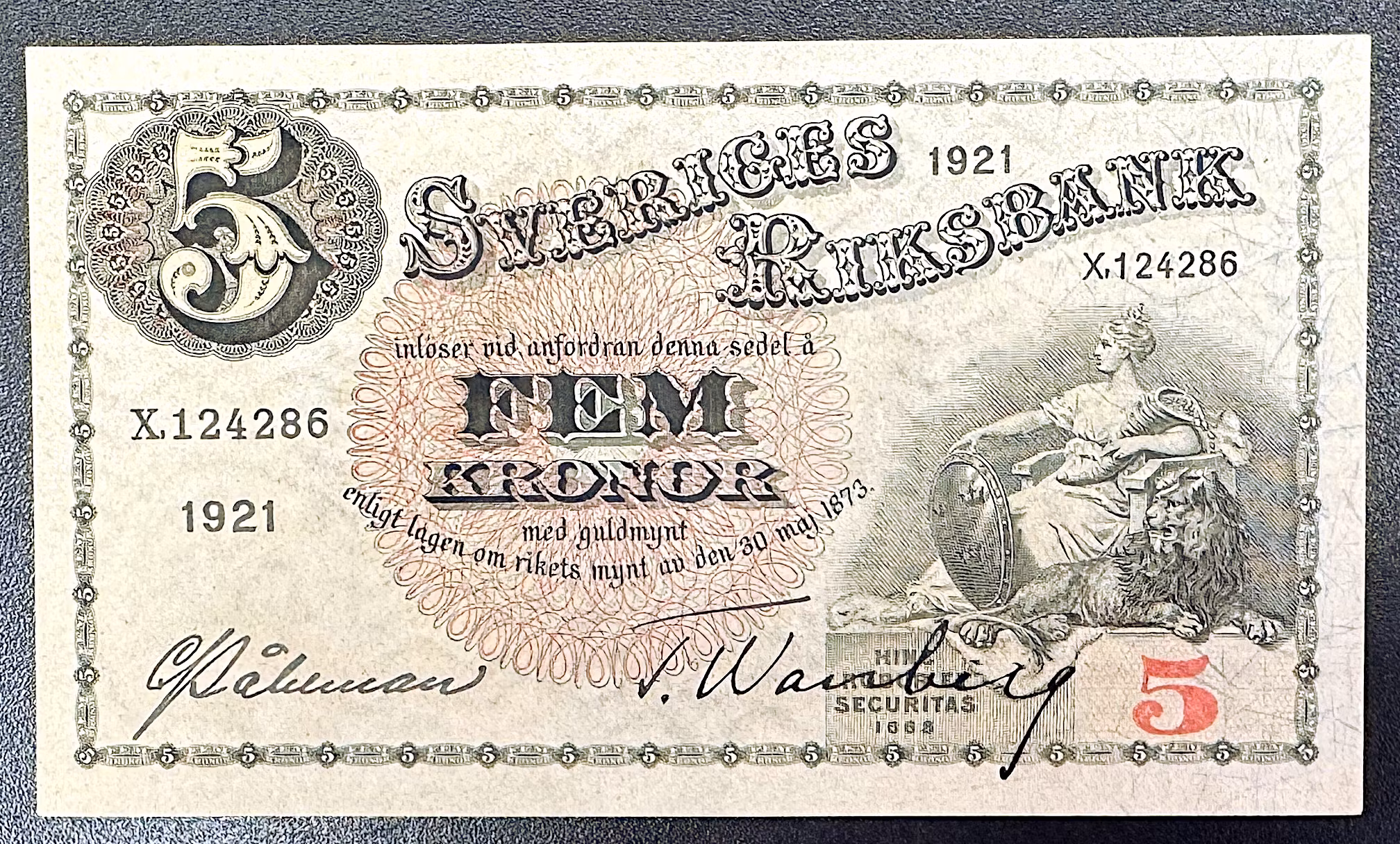 Sveriges riksbank, 5 Kronor 1921 - En sedel i närmast perfekt skick - Praktexemplar