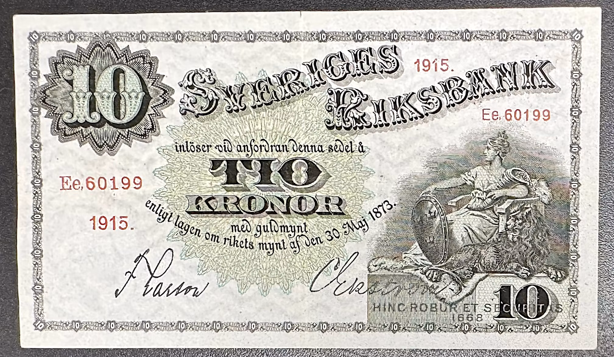 Sveriges riksbank - 10 kronor 1915 - Sedel med rent och krispigt papper - fräsht exemplar