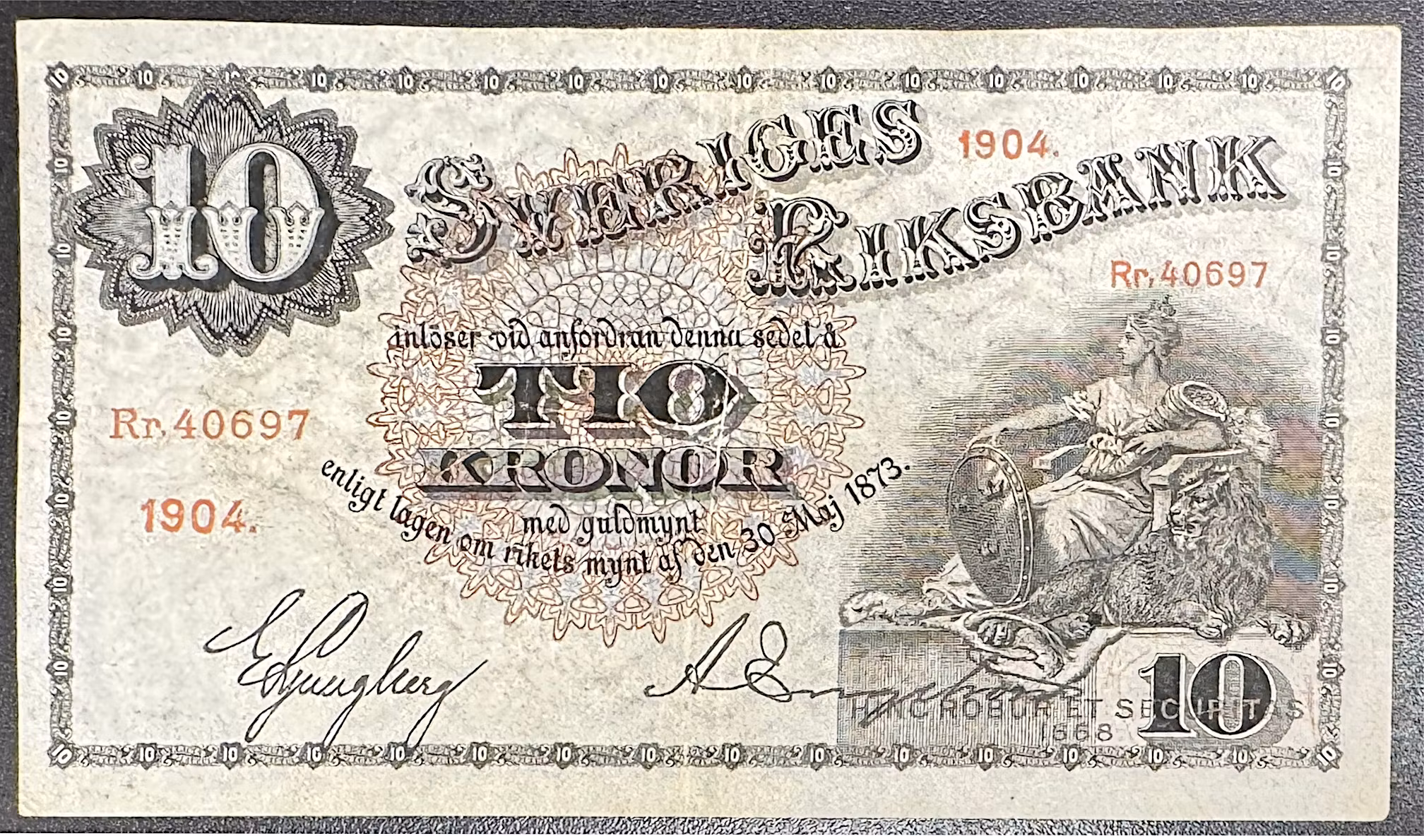 Sveriges riksbank - Sedel 10 kronor 1904 - Sällsynt och trevligt exemplar