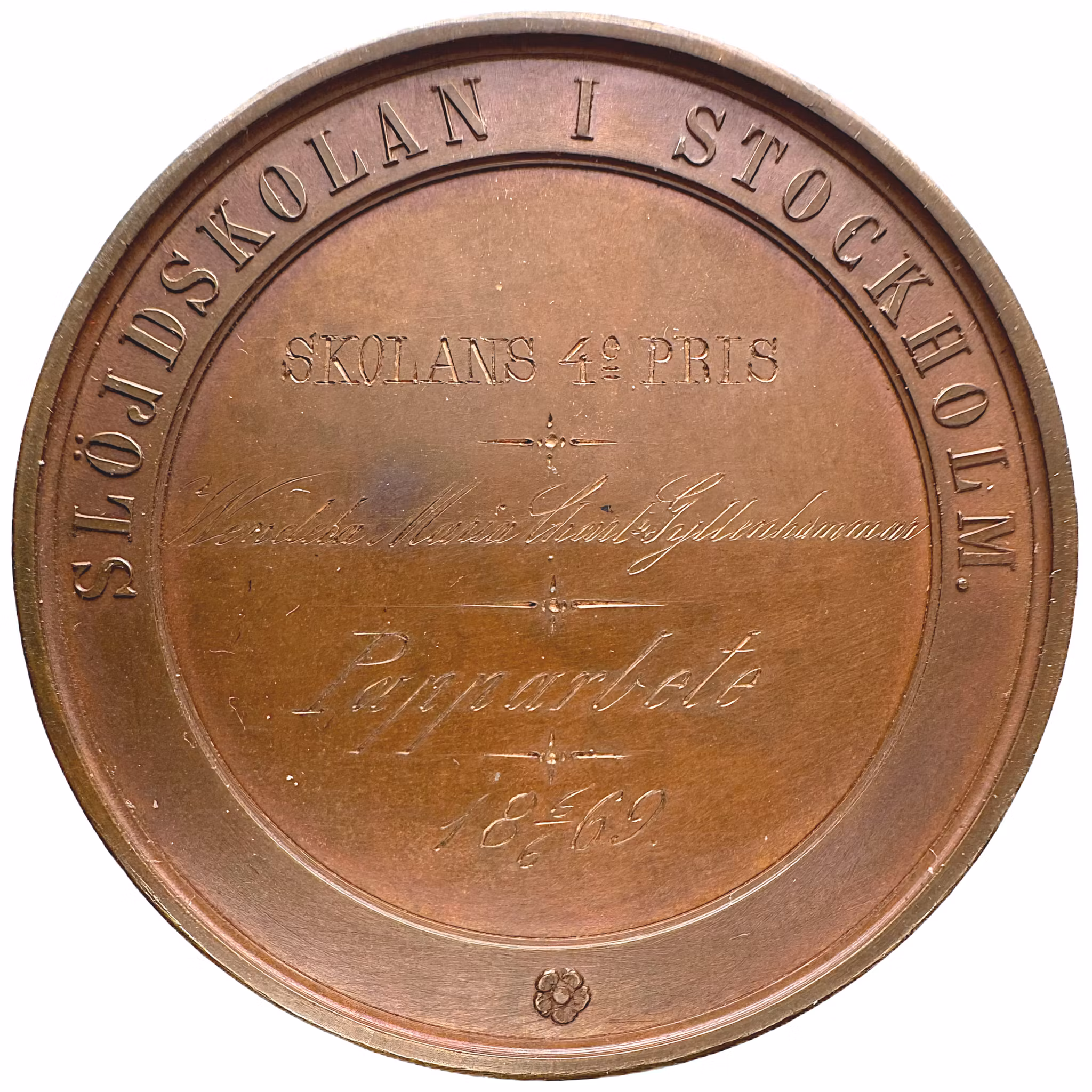 Karl XV - Svenska Slöjdföreningens belöningsmedalj av Lea Ahlborn (1862) utdelad till Wendela Maria Gyllenhammar för papparbete år 1869