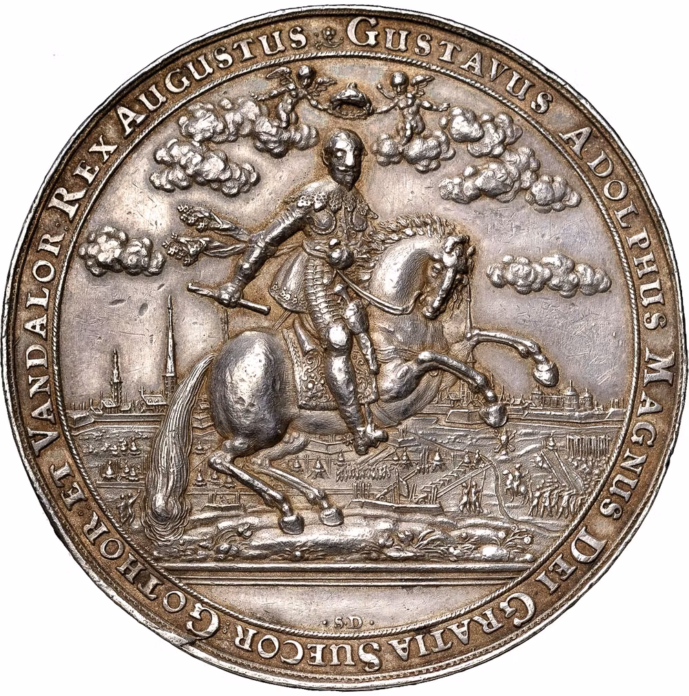 Gustav II Adolf - Riga erövras av den svenska hären 16 september 1621 av Sebastian Dattler - En massiv och historiskt betydelsefull praktmedalj - Gustav II Adolfs första stora triumf