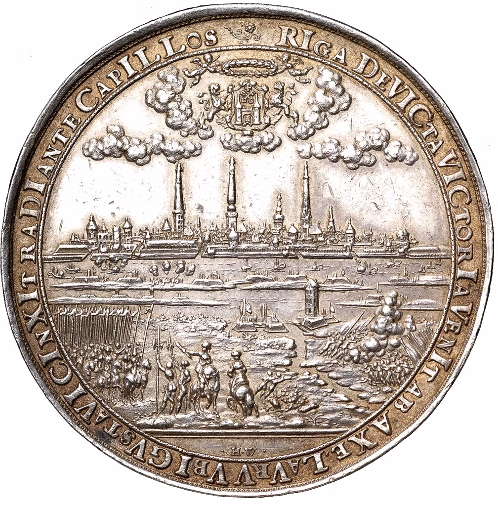 Gustav II Adolf - Riga erövras av den svenska hären 16 september 1621 av Sebastian Dattler - En massiv och historiskt betydelsefull praktmedalj - Gustav II Adolfs första stora triumf