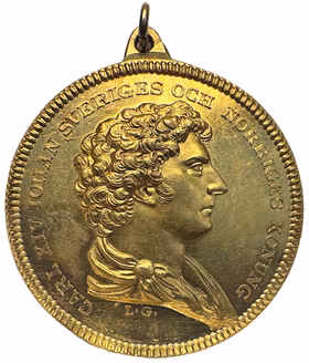 Karl XIV Johan - Allmänna Brandförsäkringsverket 1820 - Belöningsmedalj i guld "FÖR MEDBORGERLIGT NIT"- Extremt sällsynt