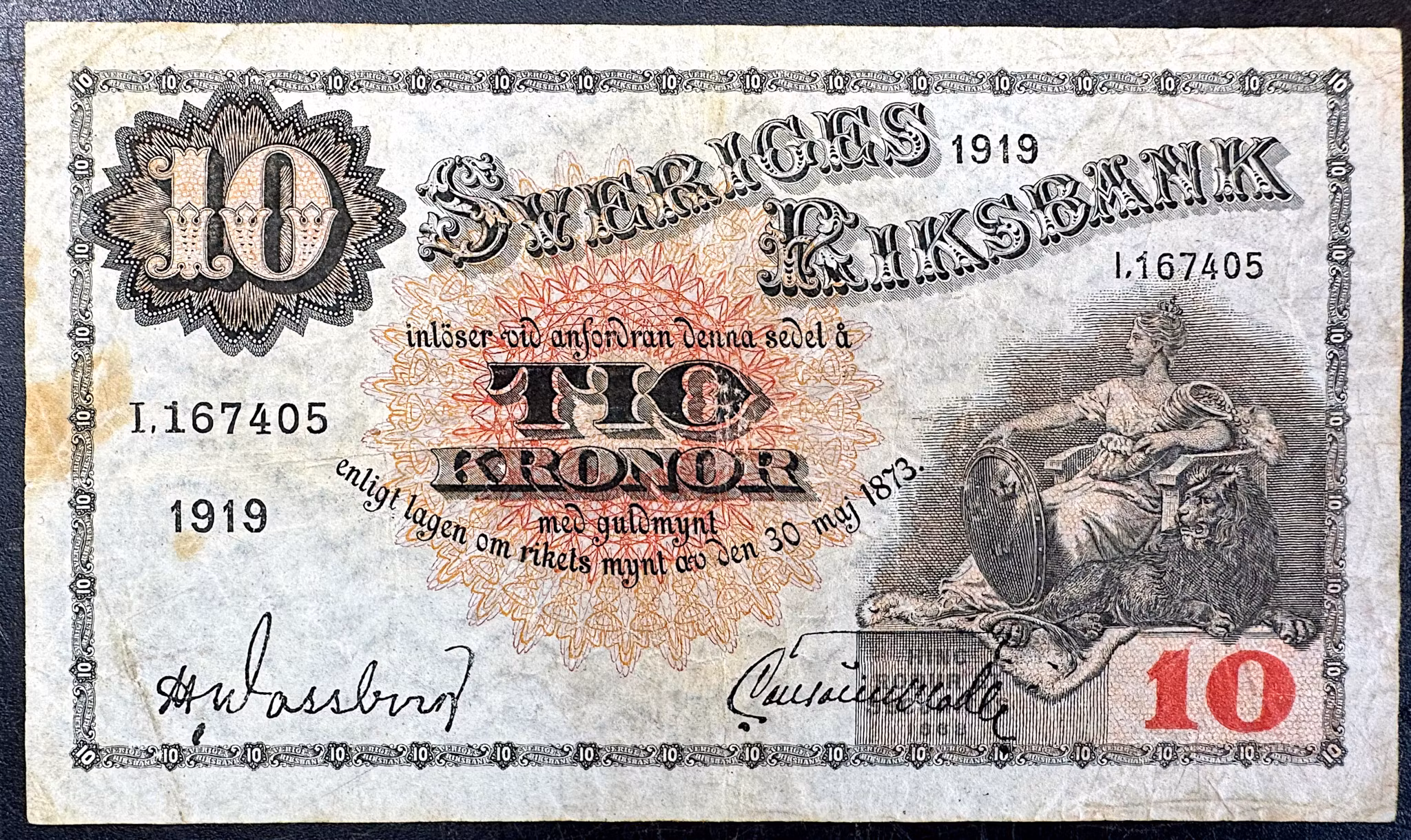 Sveriges Riksbank - 10 Kronor sedel 1919