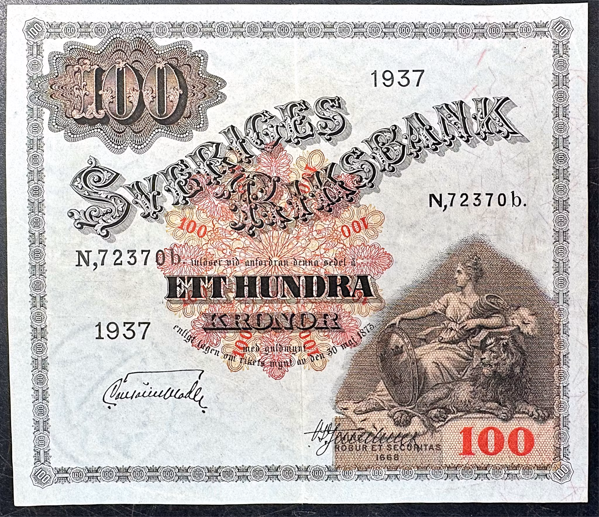 Sveriges Riksbank - 100 Kronor sedel 1937 - Tilltalande exemplar med rent fint och krispigt papper